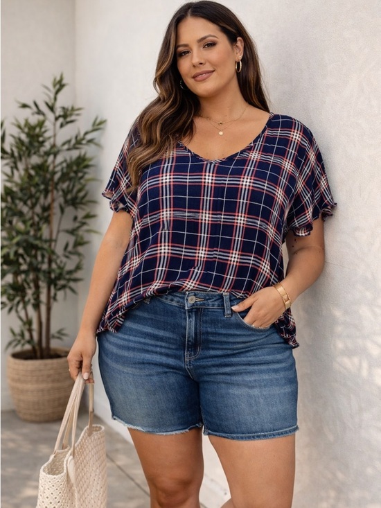 torrid Tops - Torrid Harper Georgette Plaid Blouse 1X Blue Red Flutter Sleeve Flow Lightweight